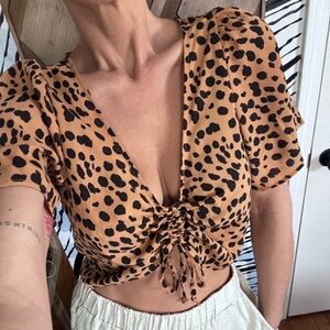 Tan and Black cheetah Ruched Blouse